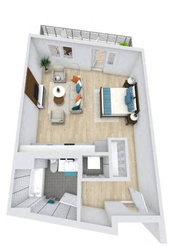 Floor plan for studio, 1 bath, 627 sqft